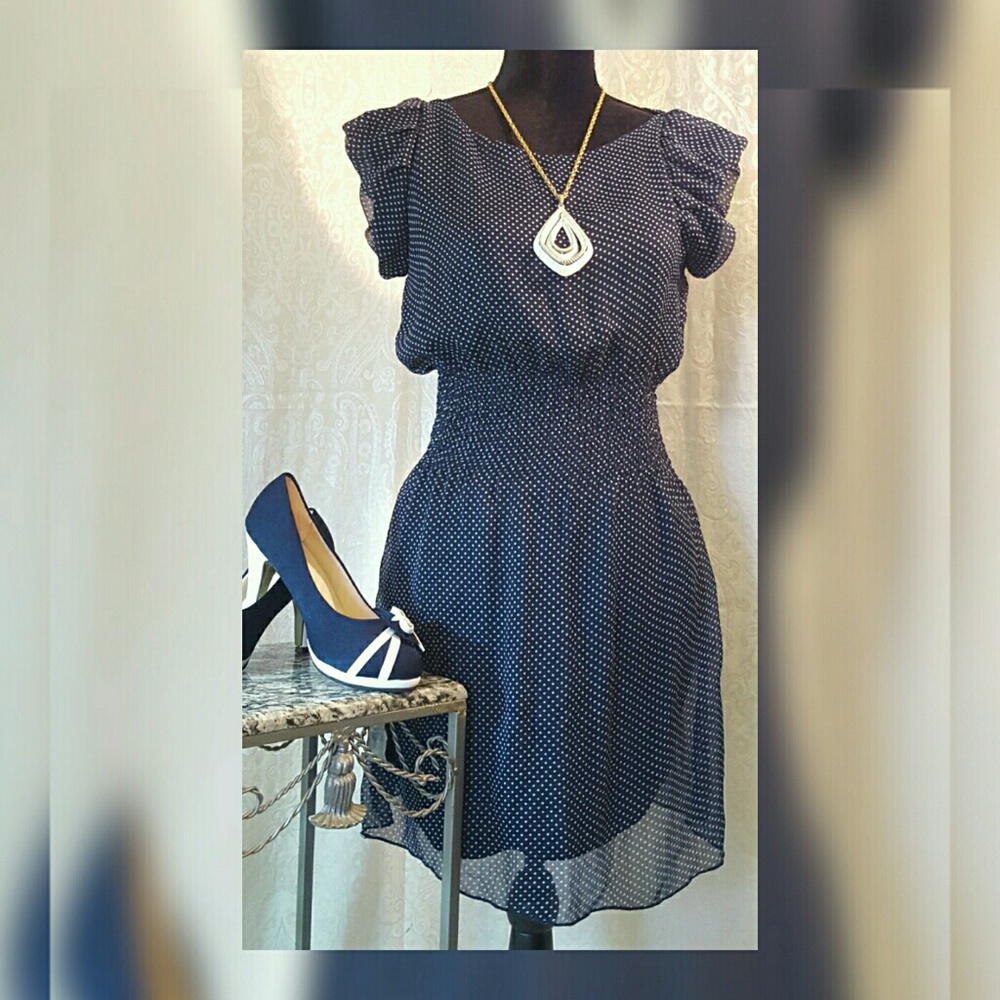 Pinky Navy Blue Polka Dot Dress M